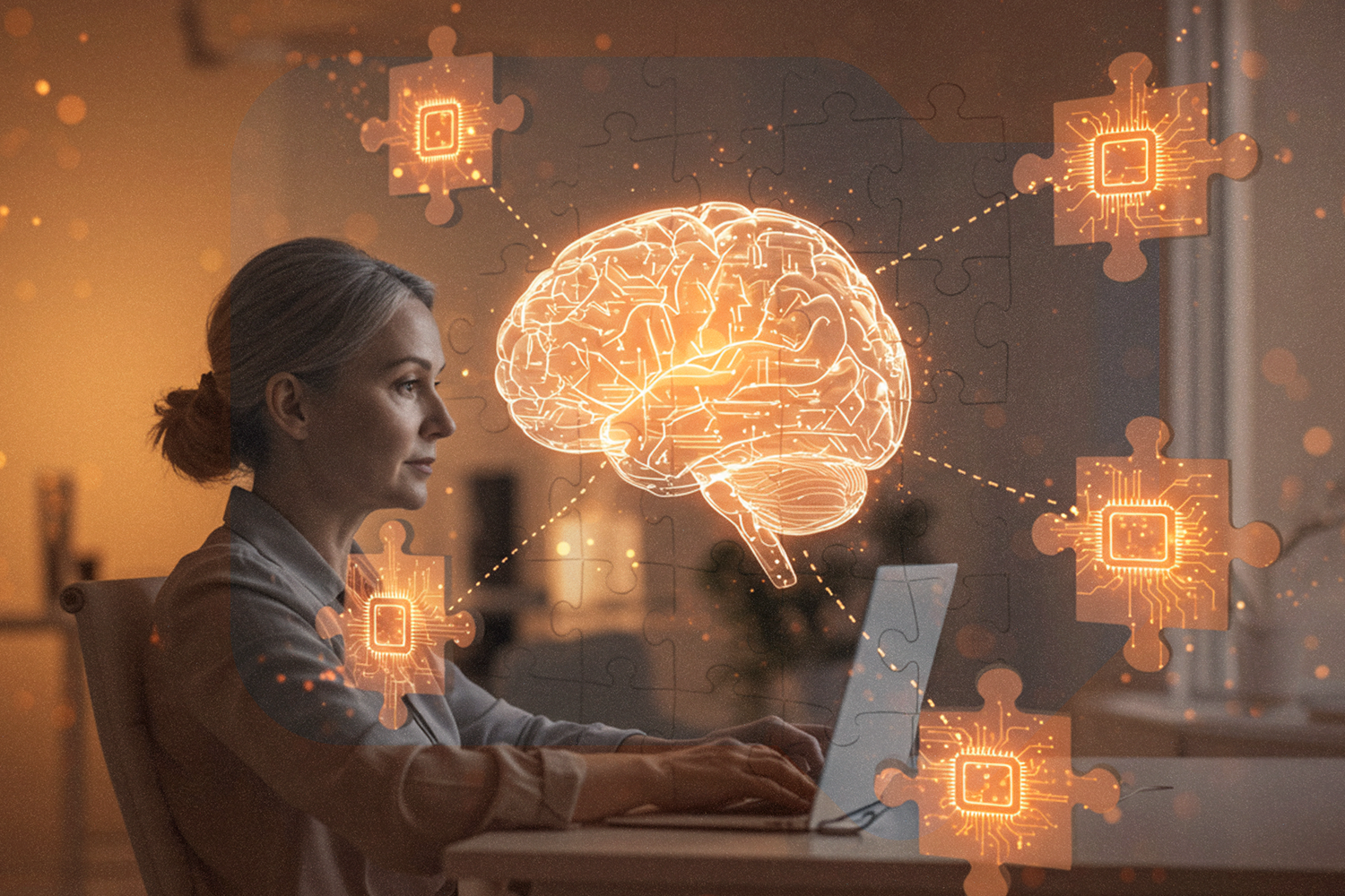 Um cérebro digital e uma pessoa no ambiente de trabalho, trazendo aspecto de que o ambiente é um lugar tranquilo e saudável, e o mental está bem