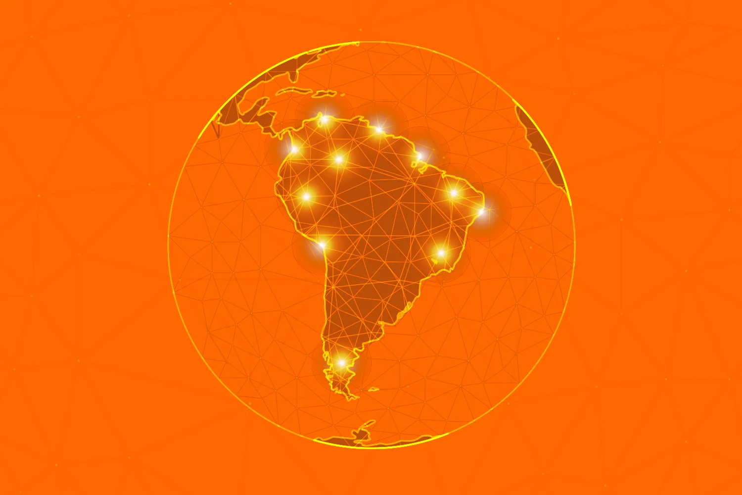 Mapa da América Latina com conexões espalhadas, remetendo a pontos de tecnologia e inovação.