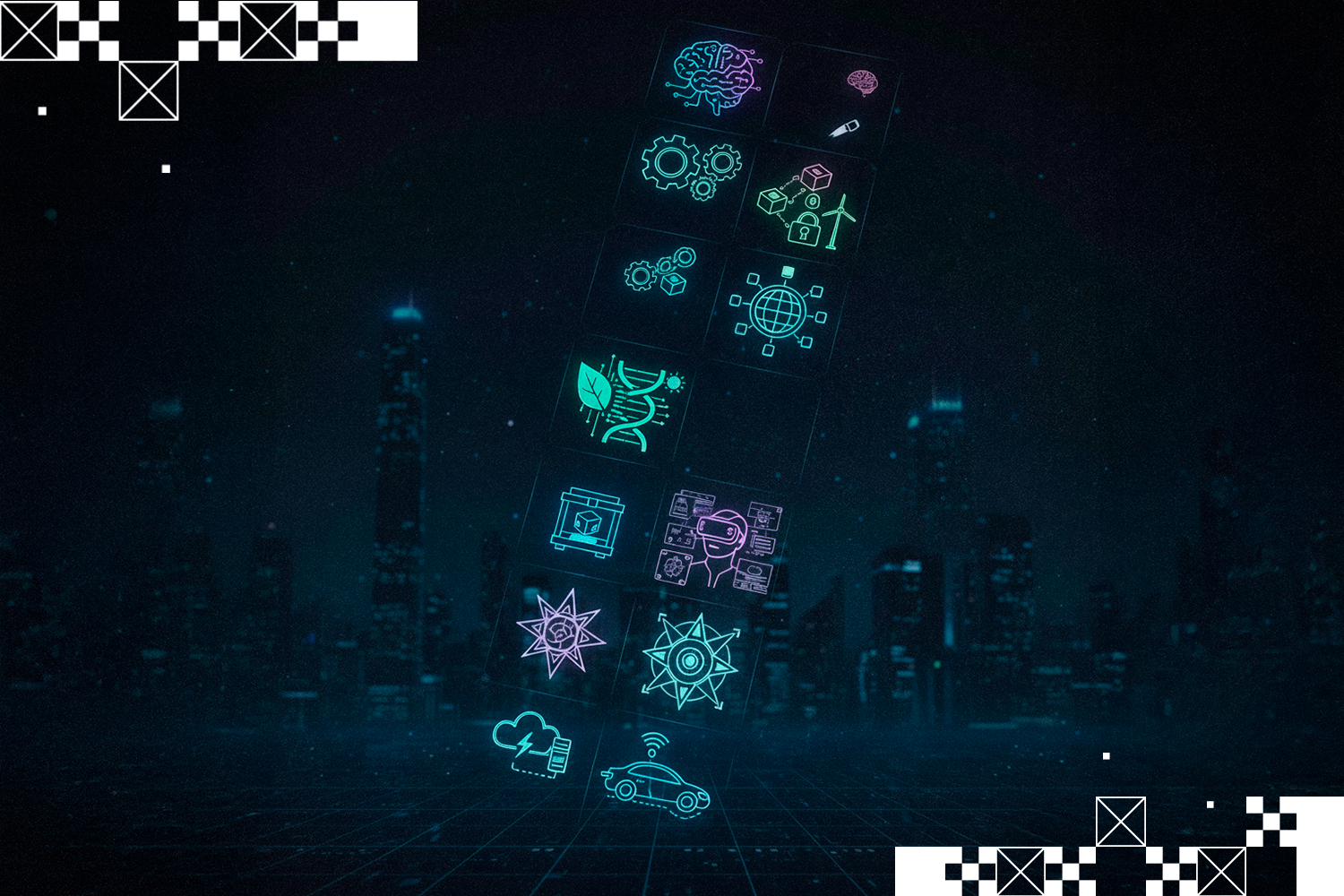 Imagem de uma composição abstrata com os ícones das tecnologias emergentes